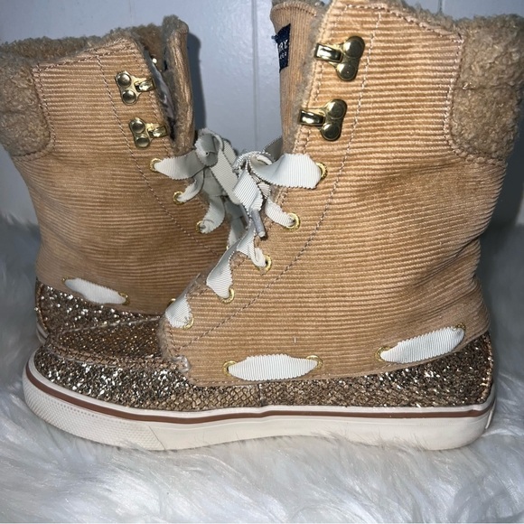 Sprerry Top Sider Acklins Tan Corduroy Gold Glitter Lace Up Boots 7 - Picture 11 of 14